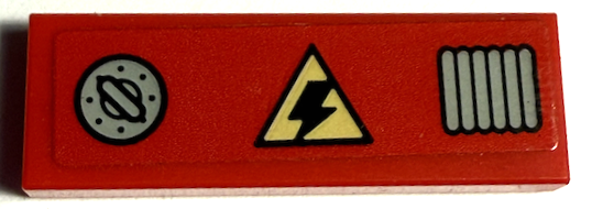 Lego Tile 1 x 3 with Black and Yellow Electricity Danger Triangle, Silver Fuel Filler Cap and Air Vent Pattern (Sticker) - Set 76261 / Red