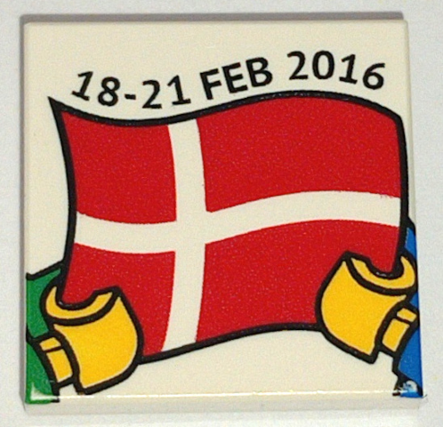 Lego Tile 2 x 2 with Danish Flag, Minifigure Hands and '18-21 FEB 2016' Pattern / White