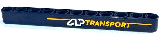 Lego Technic, Liftarm Thick 1 x 11 with Bright Light Orange and White 'AP TRANSPORT' Pattern Model Right Side (Sticker) - Set 42147 / Dark Blue