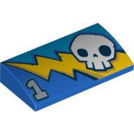 Lego Brick Curved 2 x 4 x 2/3 No Studs with Skull and Stylized Lightning Bolt Print / Blue