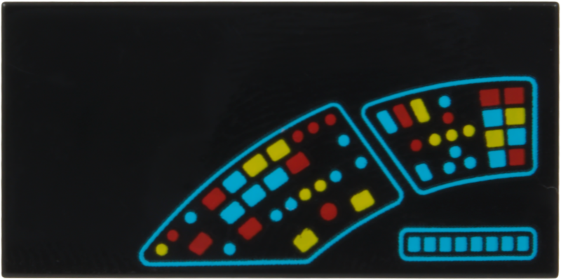Lego Tile 2 x 4 with Control Panel with Medium Azure, Red and Yellow Buttons and Lights Pattern Model Left Side / Black