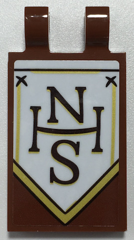 Lego Tile, Modified 2 x 3 with 2 Open O Clips with Black and Gold 'NHS' on White Banner Pattern Model Right Side (Sticker) - Set 70425 / Reddish Brown