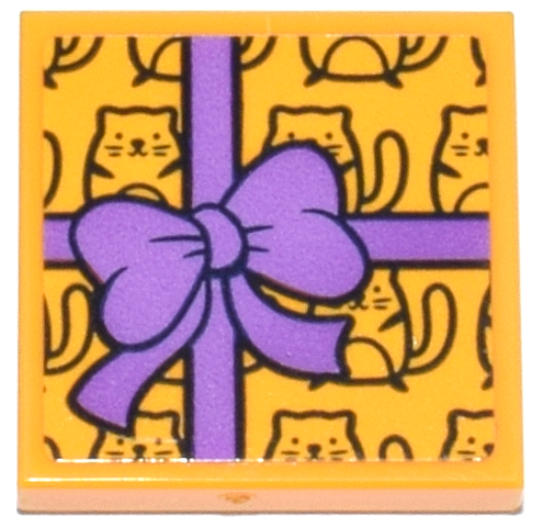 Lego Tile 2 x 2 with Present, Black Cat Wrapping Paper and Medium Lavender Bow Pattern (Sticker) - Set 42666 / Bright Light Orange