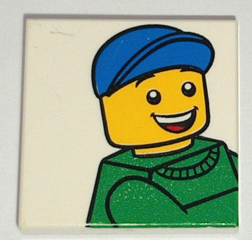 Lego Tile 2 x 2 with Minifigure with Green Torso and Blue Cap Pattern / White