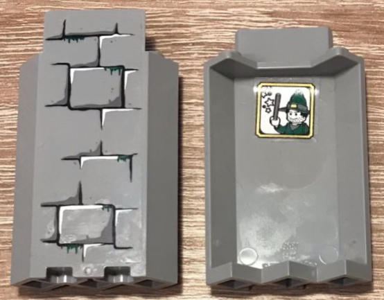 Lego Panel 3 x 3 x 6 Corner Wall without Bottom Indentations with Bricks with Dark Green Moss Pointing Down and Portrait on Inside Pattern 1 (Stickers) - Set 4738
