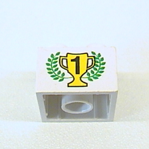 Lego Brick 2 x 2 with Gold 1st Place Cup and Laurels Print / White