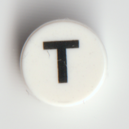 Lego Tile Round 1 x 1 with Black 'T' Print / White