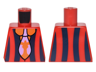 Lego Torso Jacket with Dark Blue Vertical Stripes over Orange Collared Shirt and Lavender and Orange Tie Pattern / Red