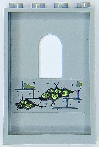 Lego Panel 1 x 4 x 5 Wall with Window with Bricks, Dark Bluish Gray Mortar, Yellowish Green Eyes and Olive Green Moss Pattern on Inside (Sticker) - Set 70435 / Light Bluish Gray