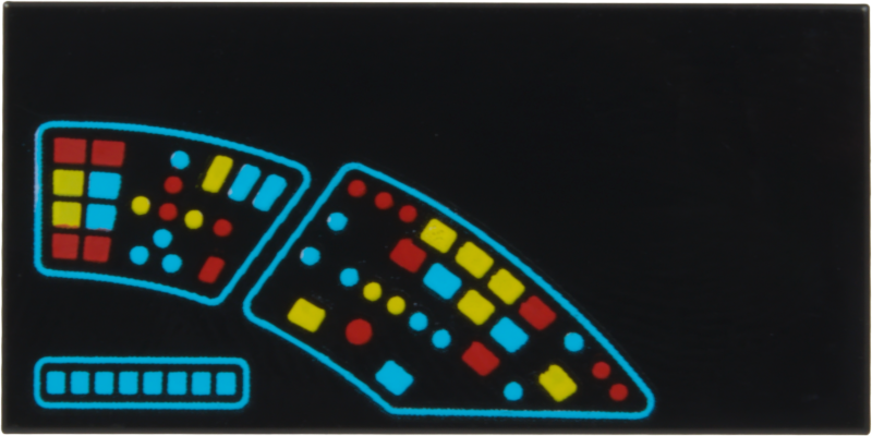 Lego Tile 2 x 4 with Control Panel with Medium Azure, Red and Yellow Buttons and Lights Pattern Model Right Side / Black