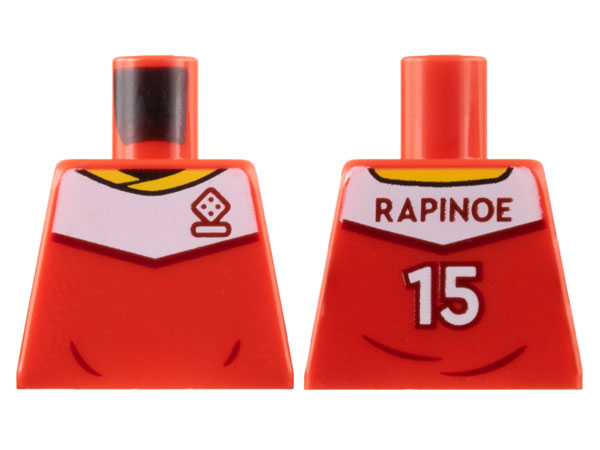 Lego Torso Soccer Uniform, Yellow Collar, White Shoulder Panel, Dark Red Dice Logo, 'RAPINOE 15' on Back Pattern / Red
