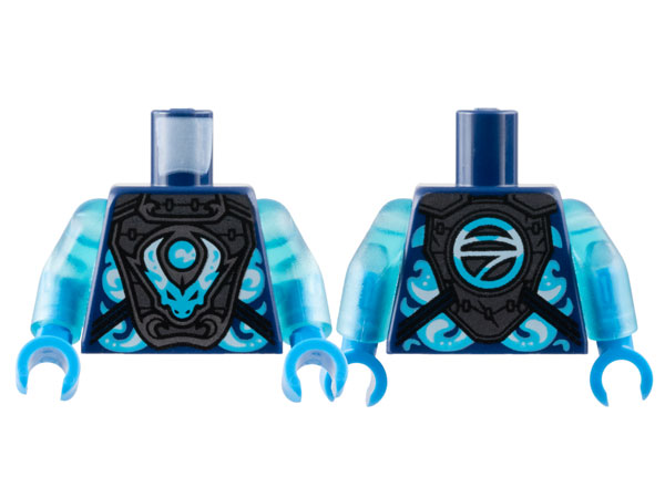 Lego Torso Pearl Dark Gray Breastplate, Medium Azure Dragon Head and Orb, Logogram 'N' on Back Pattern / Trans-Light Blue Arms / Dark Azure Hands