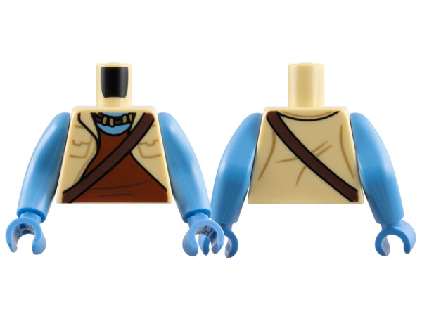 Lego Torso Na'vi Vest Open with Pockets over Reddish Brown Shirt, Dark Brown Strap and Necklace, Medium Blue Neck Pattern / Medium Blue Arms Long / Medium Blue Hands