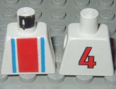 Lego Torso Soccer Vertical Red and Blue Stripes and Number 4 on Back Pattern / White