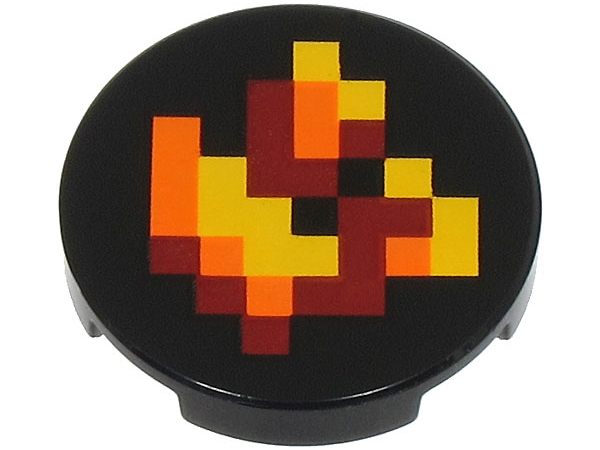 Lego Tile, Round 2 x 2 with Bottom Stud Holder with Pixelated Dark Red, Orange and Yellow Fire Pattern / Black
