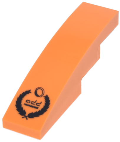 Lego Slope, Curved 4 x 1 with Black Laurel Wreath, Sphere and 'add MANAGEMENT' Logo Pattern / Orange