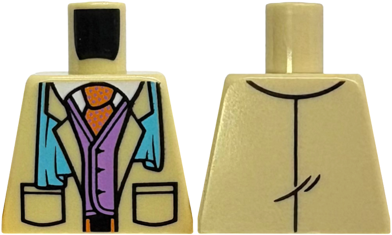 Lego Torso Suit Jacket Open with Pockets, Medium Azure Scarf, Medium Lavender Vest, White Shirt, Orange Belt and Tie with Polka Dots Pattern / Tan