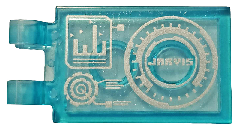 Lego Tile, Modified 2 x 3 with 2 Clips with Graphics and 'JARVIS' Interface Pattern (Sticker) - Set 76125 / Trans-Light Blue