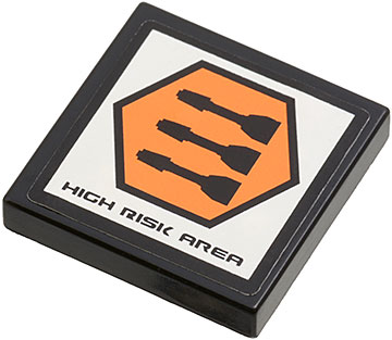 Lego Tile 2 x 2 with 'HIGH RISK AREA' and Orange Hexagon with Black Border and 3 Missiles Pattern (Sticker) - Set 7690