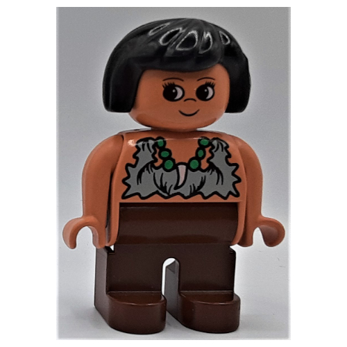 Lego Duplo Figure, Early, Hair Bob Black, Brown Legs, Rag Shirt, Eyelashes with Necklace Print (Caveman)