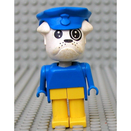Lego Fabuland Figure Boris Bulldog with White Head, Blue Torso, Arms and Hands, Yellow Legs and Blue Police Hat