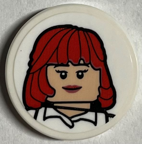 Lego Tile, Round 2 x 2 with Bottom Stud Holder with Kate McCallister Portrait Pattern (Sticker) - Set 21330 / White