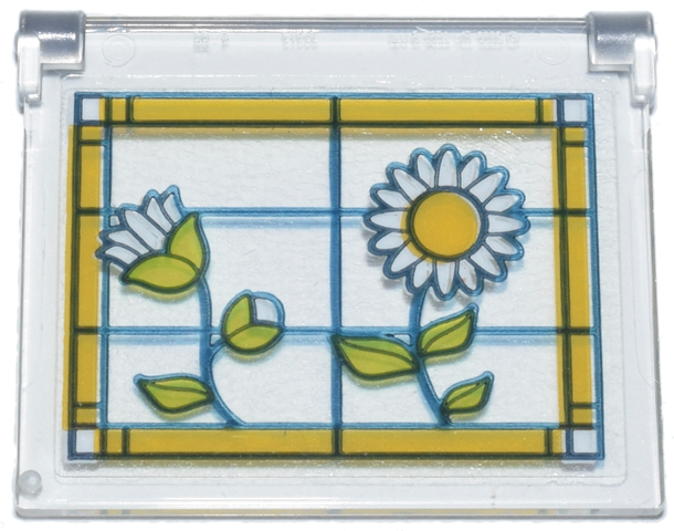 Lego Glass for Window 1 x 4 x 3 - Opening with Stained Glass, Bright Light Orange Frame, White Flowers and Lime Leaves Pattern Model Left Side (Sticker) - Set 42671 / Trans-Clear