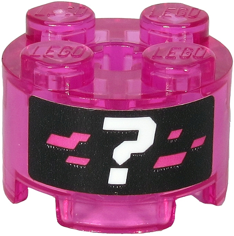 Lego Brick, Round 2 x 2 with Axle Hole with White Question Mark and Dark Pink Pixels on Black Background Pattern (Sticker) - Set 71710