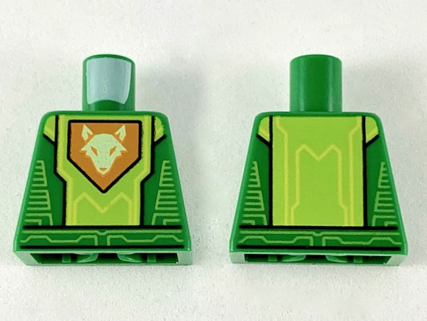 Lego Torso Nexo Knights Armor with Lime Circuitry and Panel with Bright Light Yellow Fox Head on Orange Pentagonal Shield Pattern / Green