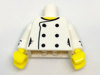 Lego Torso Female Chef with 6 Black Buttons and Yellow Neck Pattern / White Arms with Black Cuffs and Buttons Pattern / Yellow Hands