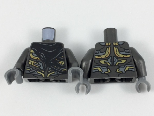 Lego Torso Alien Armor with Gold and Dark Bluish Gray Details, Black Tattered Cape Pattern / Pearl Dark Gray Arms / Dark Bluish Gray Hands