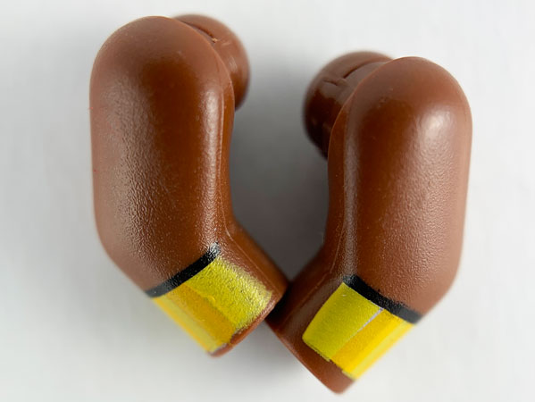 Lego Arm, (Matching Left and Right) Pair with Yellow and Bright Light Orange Cuffs Pattern / Reddish Brown