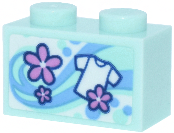 Lego Brick 1 x 2 with Washing Powder Box with Bright Light Blue Dots and Waves, Bright Pink Flowers, White T-Shirt Pattern (Sticker) - Set 42670
