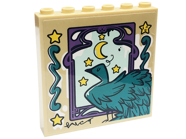 Lego Panel 1 x 6 x 5 with Medium Lavender Window Frame, Yellow Moon and Stars, and Dark Turquoise Peacock Pattern (Sticker) - Set 41711