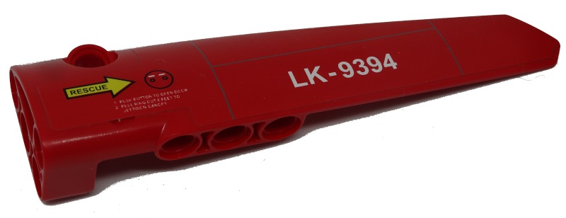 Lego Technic, Panel Fairing # 5 Long Smooth, Side A with Yellow 'RESCUE' Arrow and 'LK-9394' Pattern (Sticker) - Set 9394 / Red