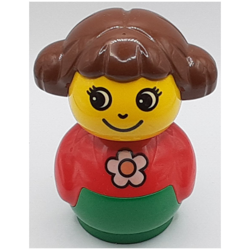 Lego Primo Figure Girl with Green Base, Daisy Print, Brown Hair / Red