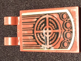 Lego Tile, Modified 2 x 3 with 2 U Clips with Ornamented Chair Back Pattern (Sticker) - Set 9474 / Reddish Brown