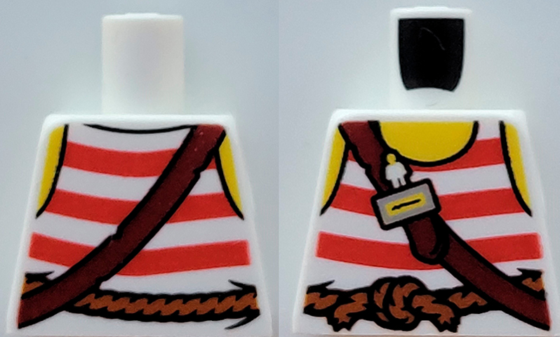 Lego Torso Pirate Tank Top with Red Horizontal Stripes, Rope Belt, Shoulder Strap, Name Tag and Yellow Neck and Shoulders Pattern / White