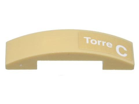 Lego Slope, Curved 4 x 1 x 2/3 Double with White 'Torre C' Pattern Model Left Side (Sticker) - Set 10299 / Tan
