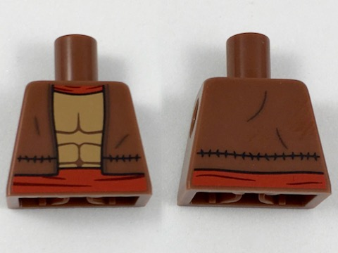 Lego Torso Vest with Red Collar and Belt, Muscle Contours Pattern / Reddish Brown