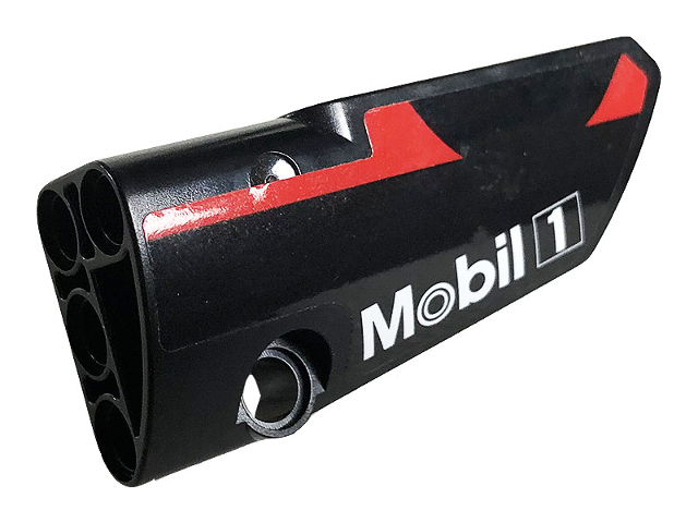 Lego Technic, Panel Fairing # 4 Small Smooth Long, Side B with White Mobil 1 Logo and Red Stripe Pattern (Sticker) - Set 42096 / Black