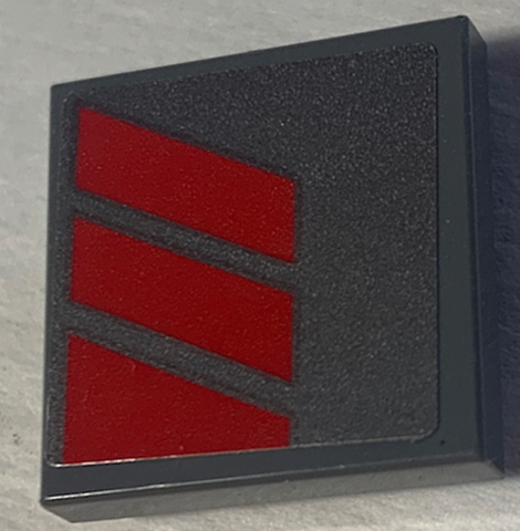 Lego Tile, Modified 2 x 2 Inverted with Red Stripes Pattern Model Right Side (Sticker) - Set 70613 / Dark Bluish Gray