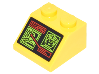 Lego Slope 45 2 x 2 with Screen with Lime Diagram, Joker Face and Red 'ESCAPED' Pattern (Sticker) - Set 76035 / Yellow