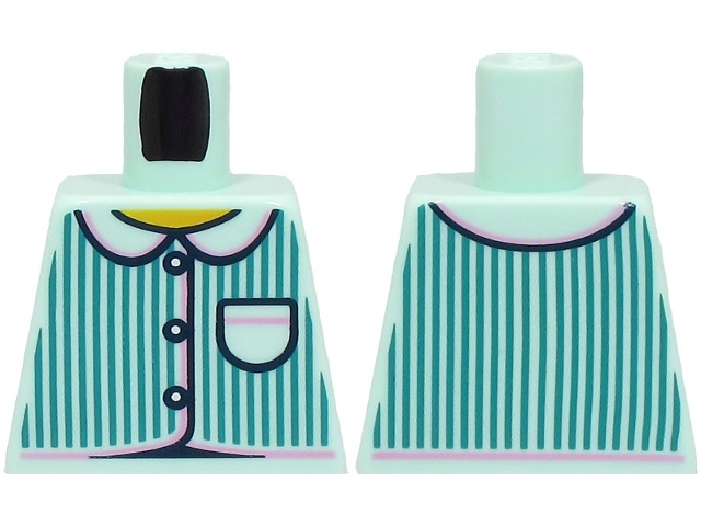 Lego Torso Pajamas 3 Buttons, Dark Turquoise Vertical Stripes, Pocket, Bright Pink Trim, Yellow Neck Pattern (BAM) / Light Aqua