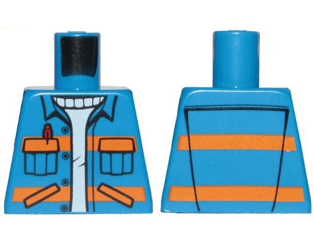 Lego Torso City Jacket with Diagonal Lower Pockets & Pen over Creased Sweater, Orange Stripes Pattern, Printing on Back / Blue