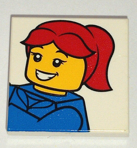 Lego Tile 2 x 2 with Minifigure with Blue Torso and Red Hair Ponytail Pattern