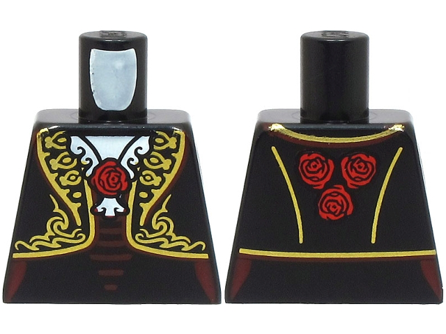 Lego Torso La Catrina Open Jacket with Elaborate Gold Trim, Necklace, Red Roses, Dark Red Laces, White Collar Pattern (BAM) / Black