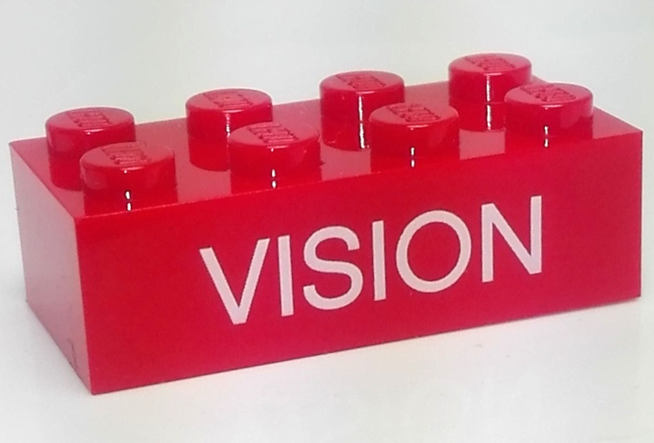 Lego Brick 2 x 4 with White 'VISION' Pattern