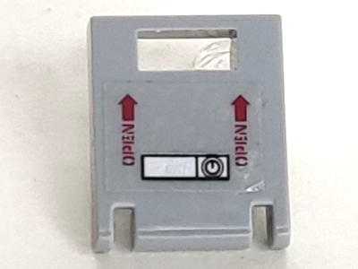 Lego Container, Box 2 x 2 x 2 Door with Slot with Red 'OPEN' and Arrows, Silver Handle with Lock Pattern Model Left Side (Sticker) - Set 7298