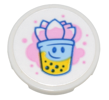 Lego Tile, Round 2 x 2 with Bottom Stud Holder with Bright Pink, Bright Light Blue, and Yellow Bubble Tea Pattern (Sticker) - Set 80036 / White